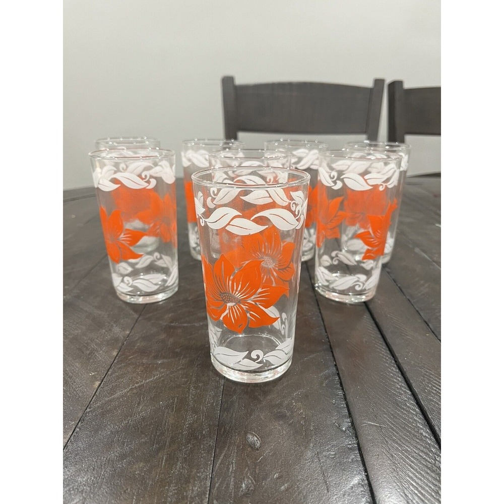 Swanky Swig Glasses MCM Orange Dark Flowers Floral Set‎ of 8 Tumbler Juice